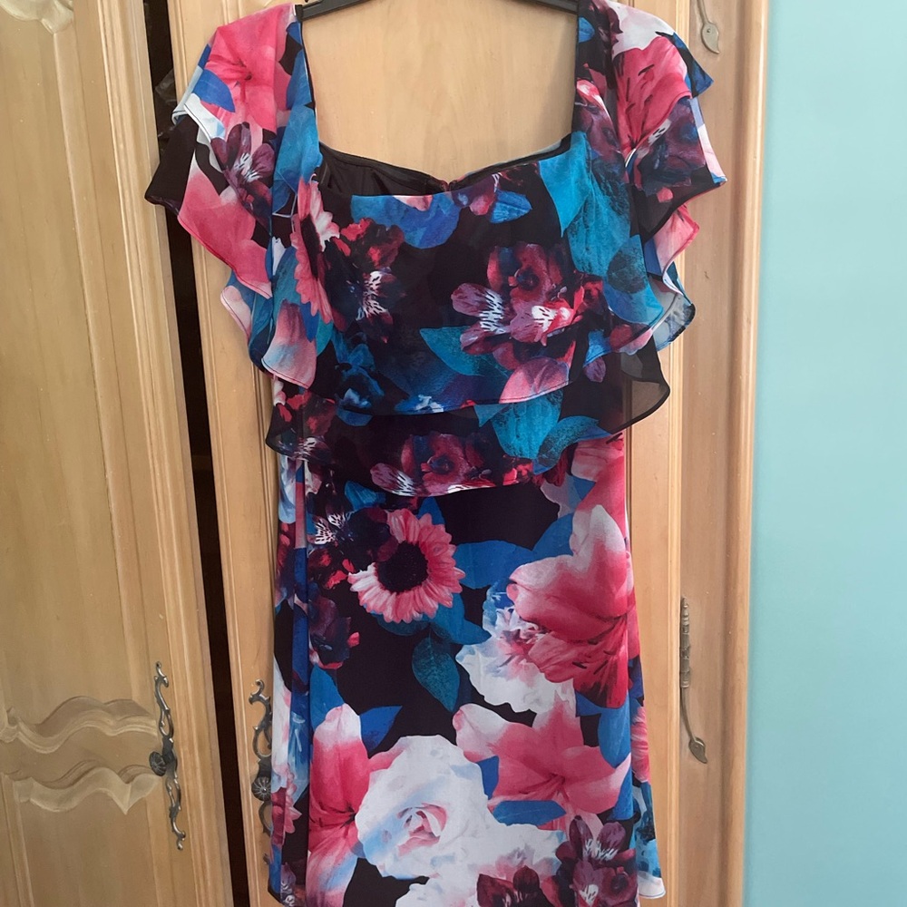 Calvin Klein Pink and Blue Ruffled Asymmetrical Sundress